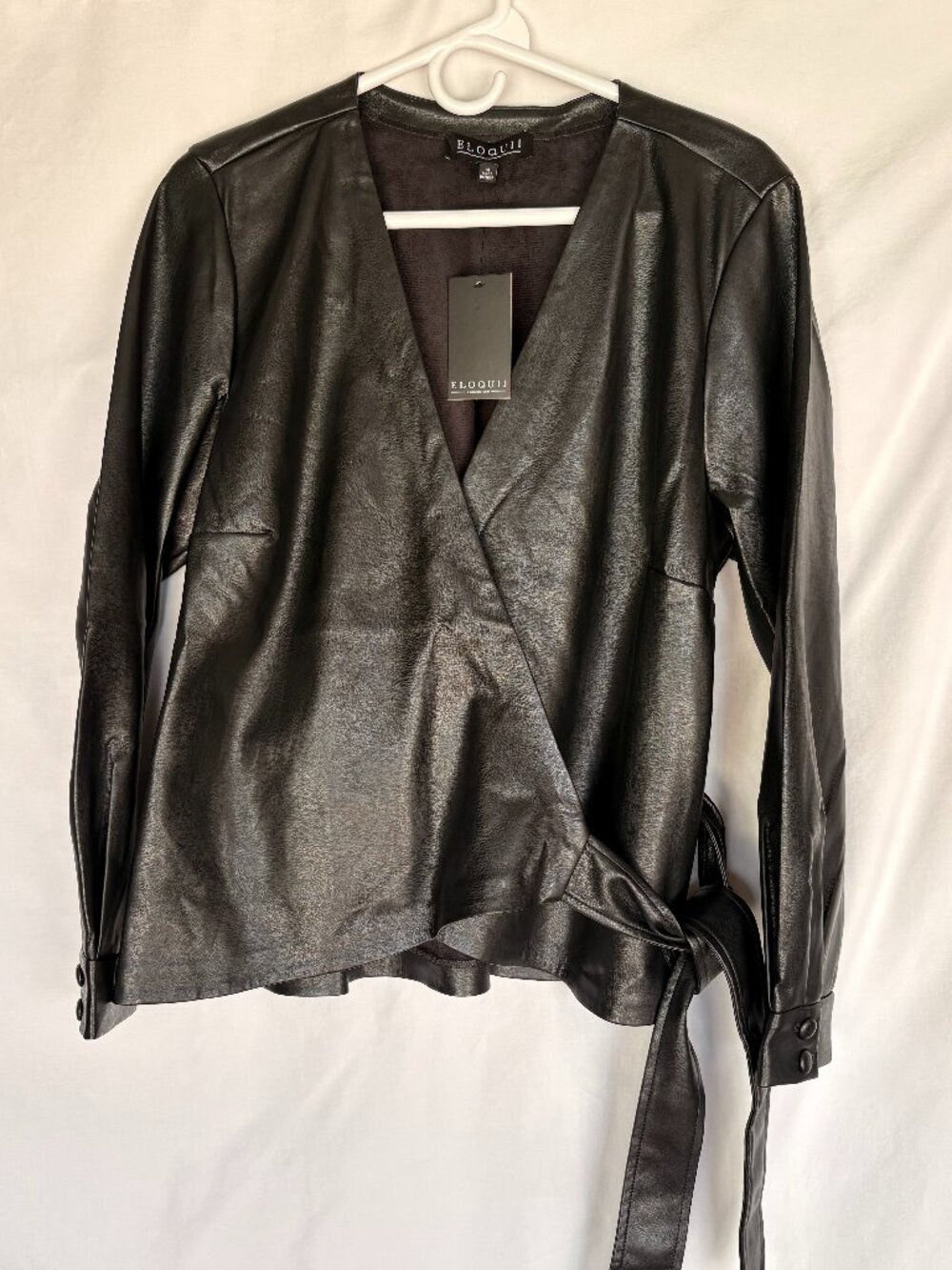 NWT ELOQUII Black Faux Leather Wrap Top Tie Waist Size 14